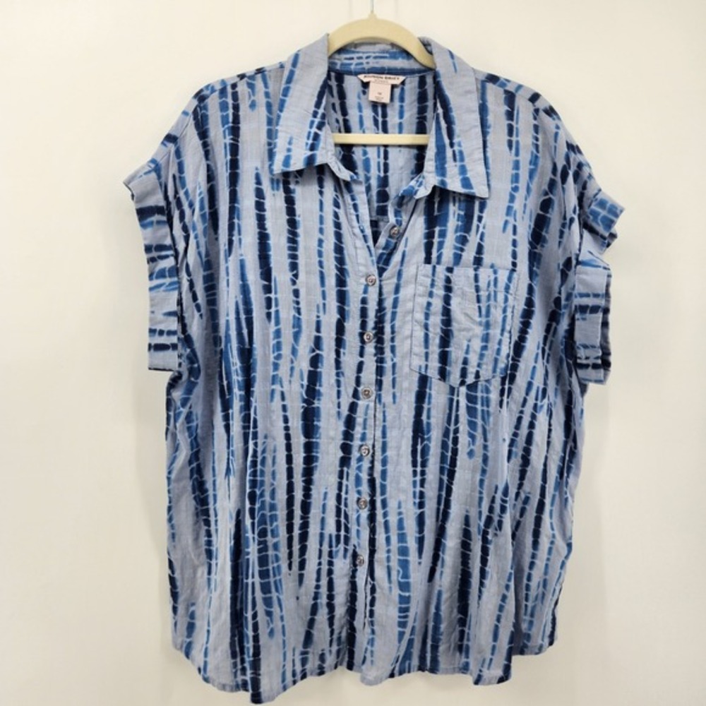 Allison Daley Women‎ 1X Blue Tie Dye Short Sleeve Button Down Shirt Top